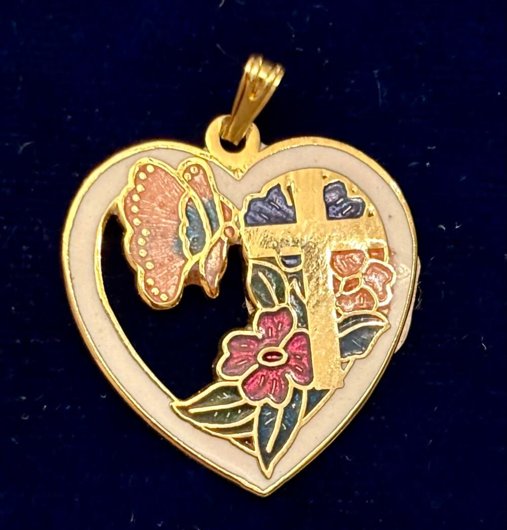 Vintage Cloisonne Cross Pendant Colorful Enamel Religious Charm Gold Tone 1" x 1